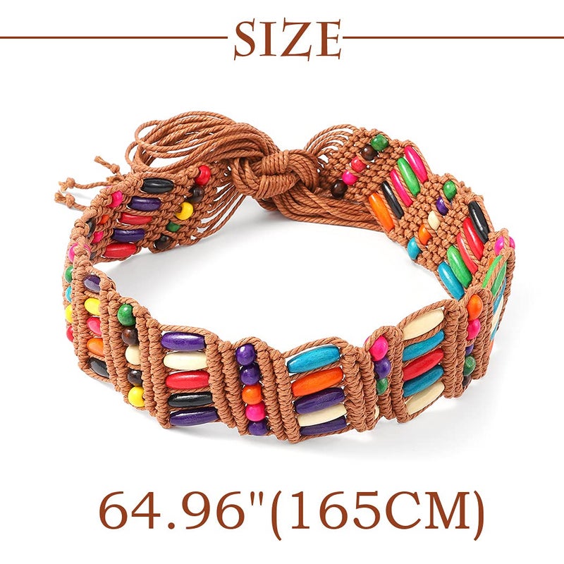 Bohend Boho Braided Belts Women Tie Colorful Western Woven Belt Wrap Rope Hippie Belts for Dresses (Colorful Beads-Brown) - Image 4