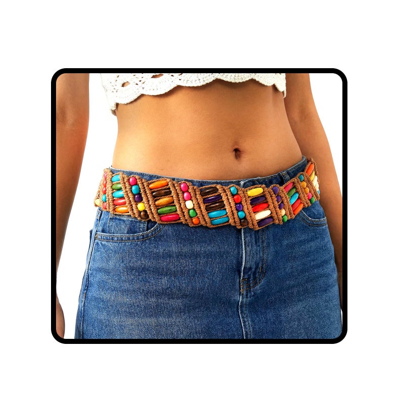 Bohend Boho Braided Belts Women Tie Colorful Western Woven Belt Wrap Rope Hippie Belts for Dresses (Colorful Beads-Brown) - Image 1