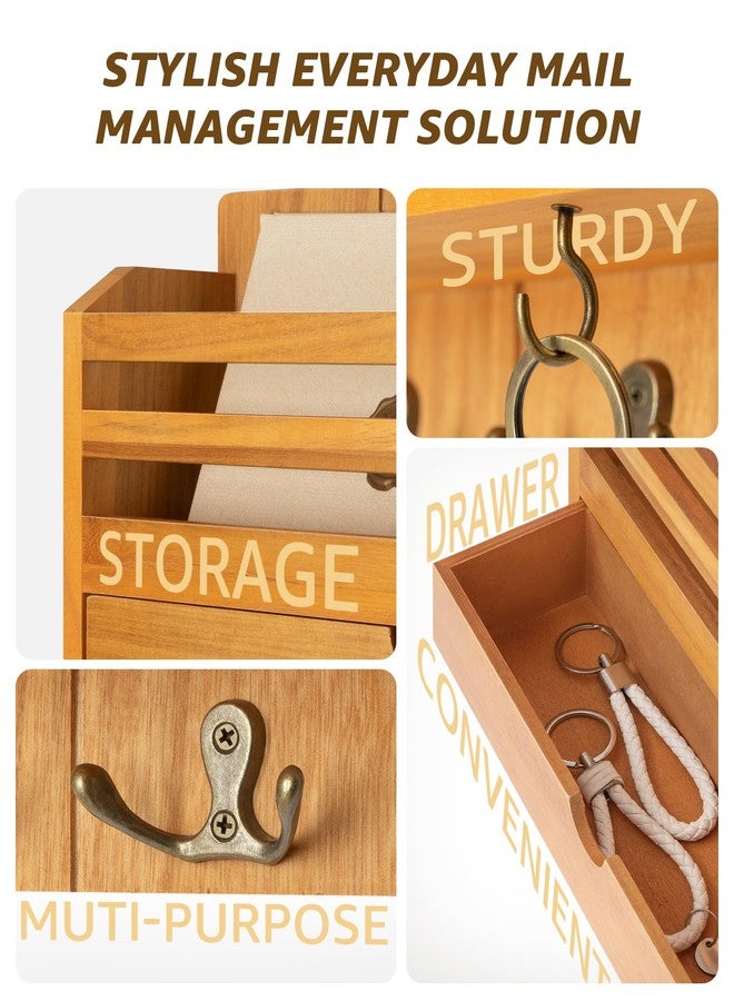 Rebee Vision Modern Farmhouse Mail Organizer with Drawer Organizer - Rustic Key and Mail Holder for Wall with 7 Key Hooks for Apartment Essentials - Aesthetic Home Decor (Light Brown) - Image 4