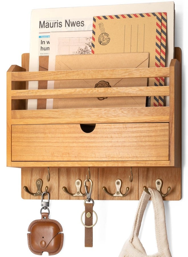 Rebee Vision Modern Farmhouse Mail Organizer with Drawer Organizer - Rustic Key and Mail Holder for Wall with 7 Key Hooks for Apartment Essentials - Aesthetic Home Decor (Light Brown) - Image 1