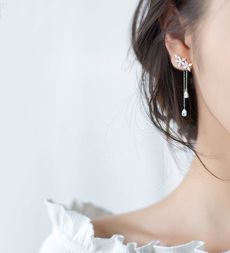 SLUYNZ 925 Sterling Silver CZ Flowers Wrap Earrings Dangle Chain for Women Elegant Bridal Earrings Wedding Engagement Drop Earrings (A-Silver) - Image 2