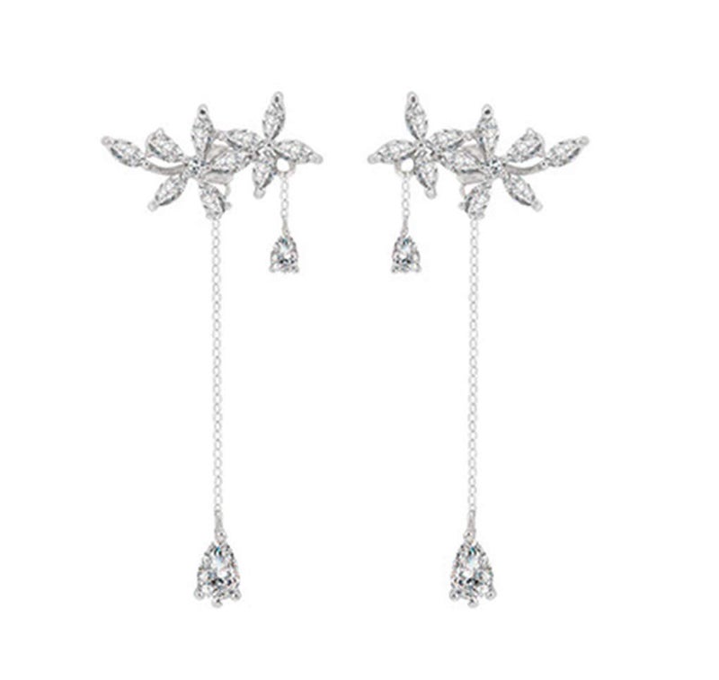 SLUYNZ 925 Sterling Silver CZ Flowers Wrap Earrings Dangle Chain for Women Elegant Bridal Earrings Wedding Engagement Drop Earrings (A-Silver) - Image 1