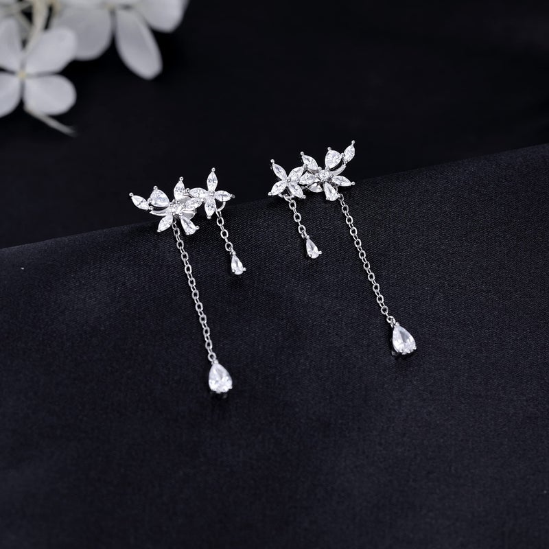 SLUYNZ 925 Sterling Silver CZ Flowers Wrap Earrings Dangle Chain for Women Elegant Bridal Earrings Wedding Engagement Drop Earrings (A-Silver) - Image 3