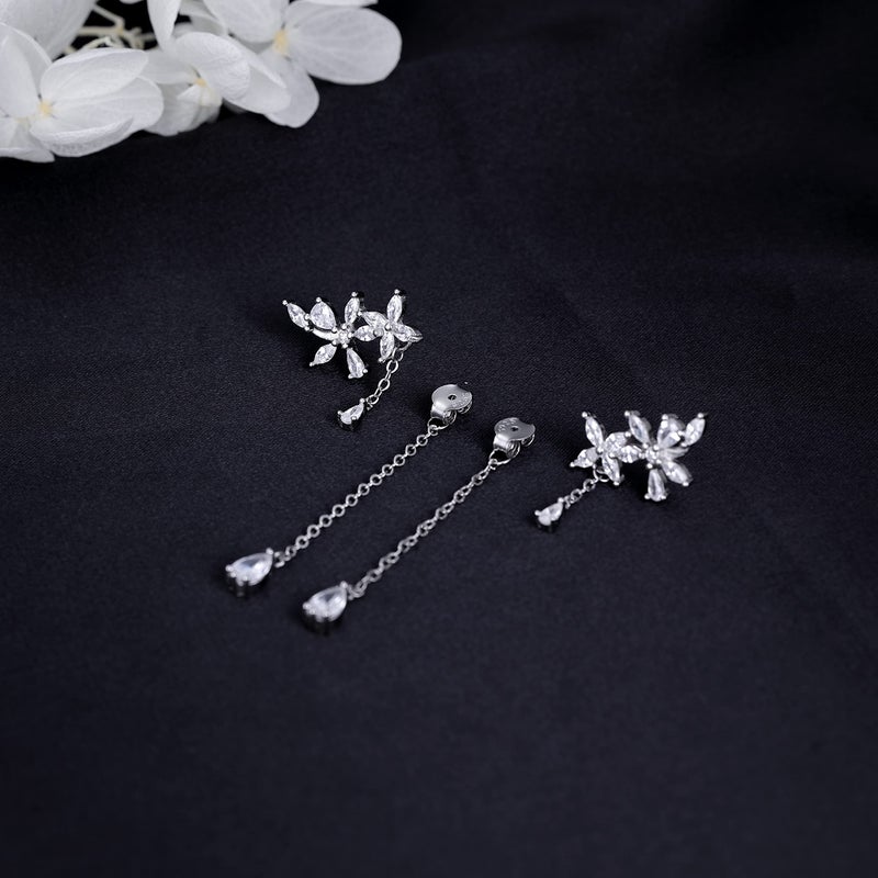 SLUYNZ 925 Sterling Silver CZ Flowers Wrap Earrings Dangle Chain for Women Elegant Bridal Earrings Wedding Engagement Drop Earrings (A-Silver) - Image 4