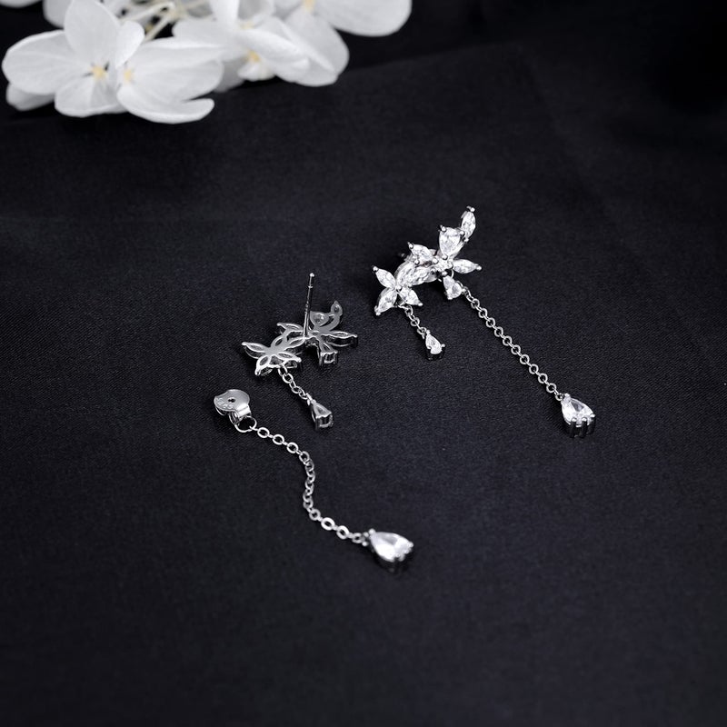 SLUYNZ 925 Sterling Silver CZ Flowers Wrap Earrings Dangle Chain for Women Elegant Bridal Earrings Wedding Engagement Drop Earrings (A-Silver) - Image 5