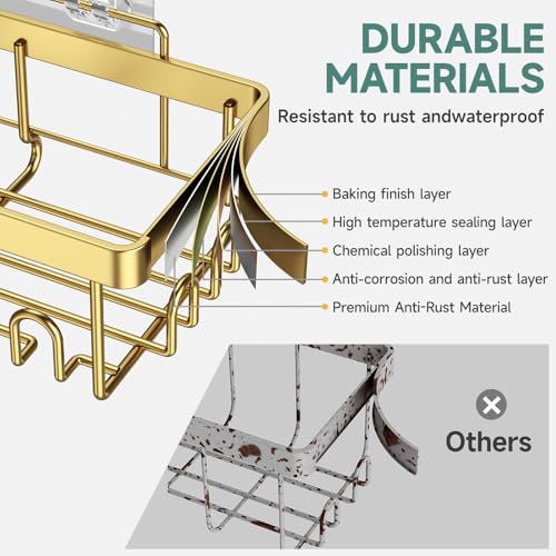 Veken Adhesive Shower Caddy 6-Pack,Gifts for Women Mom,Heavy Weight Bearing,Large Wall Mounted Bathroom Shelves Rack,Organizer Storage Accessories with Soap Dish&Toothbrush Holder,Bright Gold - Image 3