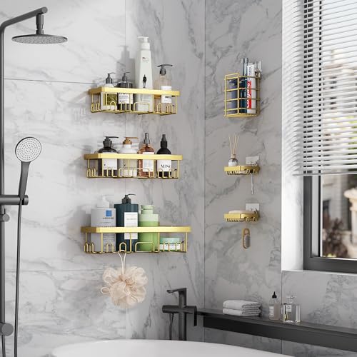 Veken Adhesive Shower Caddy 6-Pack,Gifts for Women Mom,Heavy Weight Bearing,Large Wall Mounted Bathroom Shelves Rack,Organizer Storage Accessories with Soap Dish&Toothbrush Holder,Bright Gold - Image 4