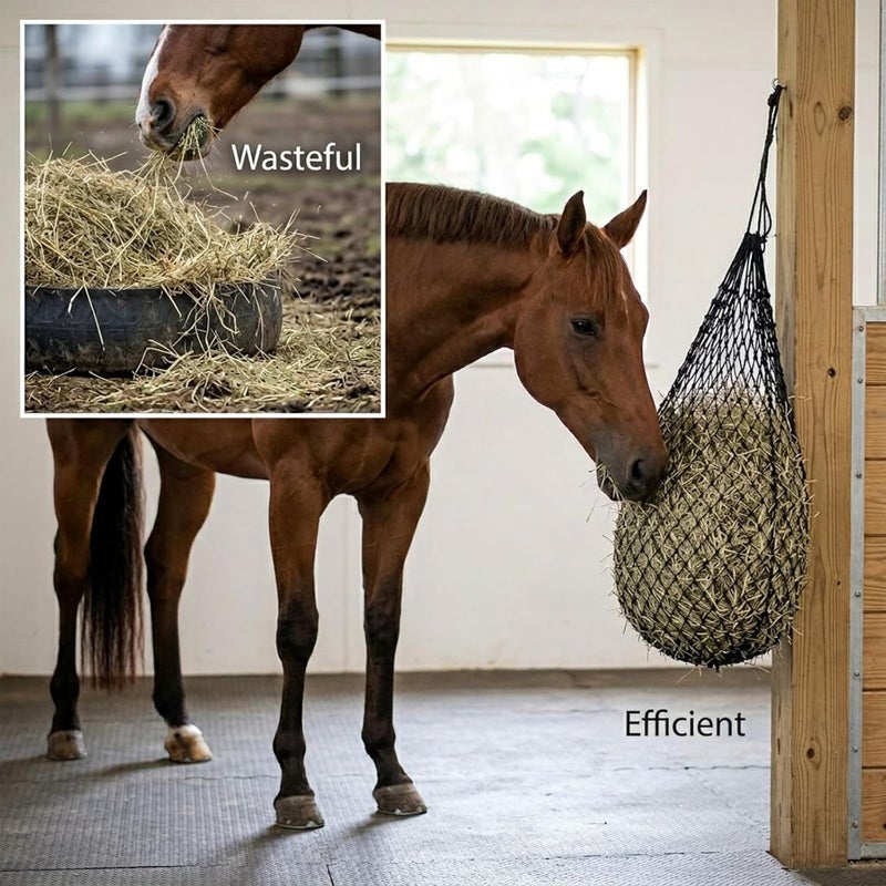 2 Pcs Slow Feed Hay Mesh Bags for Livestock Alpacas, Horses, 40 in Sturdy Nylon Forage Dispenser, Black, 2 in Holes, Minimizes Waste, Supports Optimal Feeding, Hay Net - Image 5