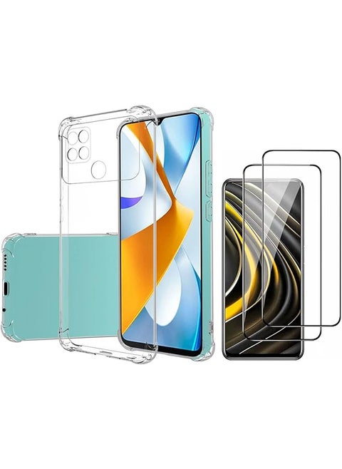 1 Plus 2 Case For Xiaomi Poco C40 With 2 Tempered Glass Screen Protector Clear Tpu Four Corners Protective Cover Transparent Soft Funda Xiaomi Poco C40 Clear