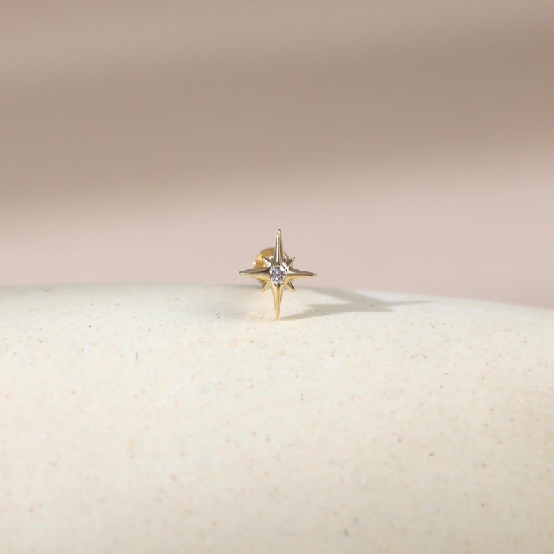 ShineRose Flat Back Stud Cartilage Tragus Helix Nose Piercing Earrings Jewelry For Women Conch Threadless 18G Titanium Surgical Steel Hypoallergenic 14K Gold plated CZ Silver Small Tiny Studs (Gold, Starbust) - Image 5