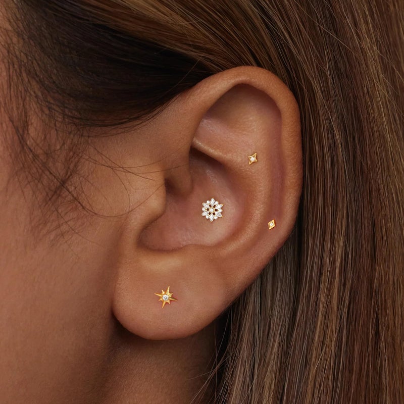 ShineRose Flat Back Stud Cartilage Tragus Helix Nose Piercing Earrings Jewelry For Women Conch Threadless 18G Titanium Surgical Steel Hypoallergenic 14K Gold plated CZ Silver Small Tiny Studs (Gold, Starbust) - Image 3
