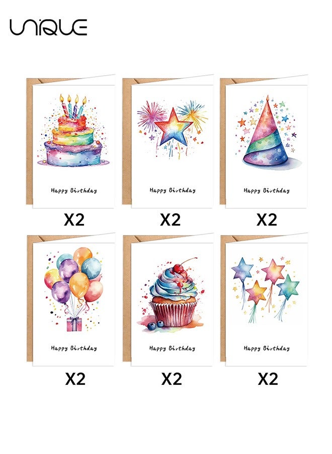 Unique 12 Pcs Hand Drawn Birthday Card Set - 6 Styles of Birthday Watercolor Greeting Cards - 6 Envelopes - Watercolor Handwritten Blank Children's Greeting Card - Suitable for Invitation Gifts, Wishes - Image 1