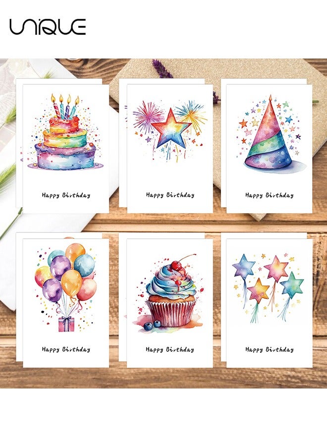 Unique 12 Pcs Hand Drawn Birthday Card Set - 6 Styles of Birthday Watercolor Greeting Cards - 6 Envelopes - Watercolor Handwritten Blank Children's Greeting Card - Suitable for Invitation Gifts, Wishes - Image 3