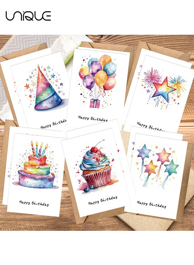 Unique 12 Pcs Hand Drawn Birthday Card Set - 6 Styles of Birthday Watercolor Greeting Cards - 6 Envelopes - Watercolor Handwritten Blank Children's Greeting Card - Suitable for Invitation Gifts, Wishes - Image 5