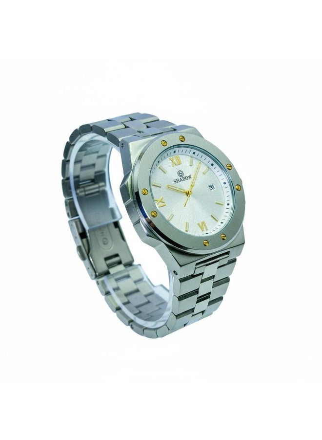 SHADOW Vertex SD1417 Men’s Analog Watch Stainless Steel Silver Bracelet White Dial Gold Accents Quartz Date Display Water Resistant 3ATM - Image 3