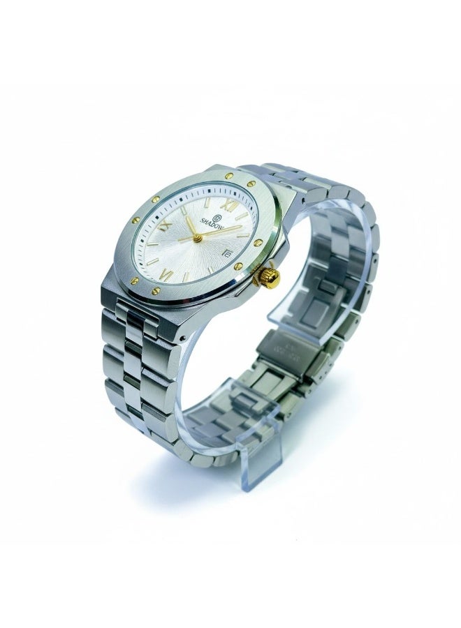 SHADOW Vertex SD1417 Men’s Analog Watch Stainless Steel Silver Bracelet White Dial Gold Accents Quartz Date Display Water Resistant 3ATM - Image 2