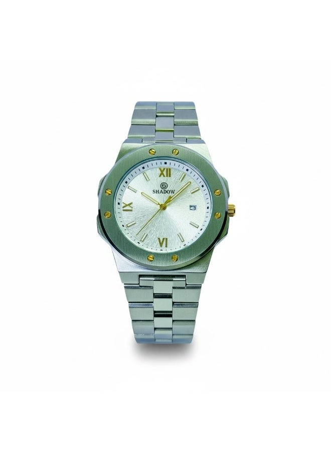 SHADOW Vertex SD1417 Men’s Analog Watch Stainless Steel Silver Bracelet White Dial Gold Accents Quartz Date Display Water Resistant 3ATM - Image 1