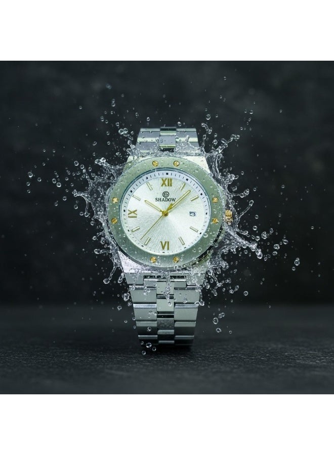 SHADOW Vertex SD1417 Men’s Analog Watch Stainless Steel Silver Bracelet White Dial Gold Accents Quartz Date Display Water Resistant 3ATM - Image 4