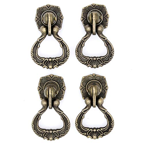 LXZ 4 PCs Vintage Antique Brass Pendant Ring Pulls Drop Handles Knobs with Single Mounting Hole for Drawer Cabinet Dresser Wardrobe Cupboard (Height 2-11/64", Width 1-29/64") - Image 1