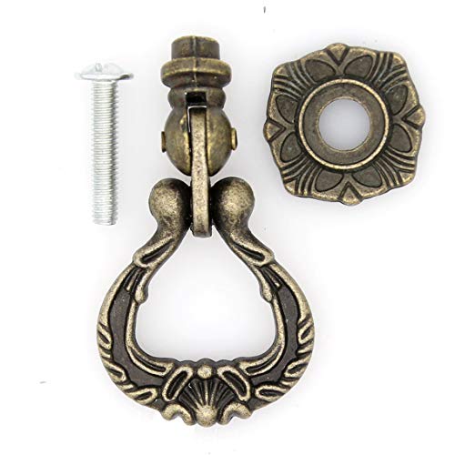 LXZ 4 PCs Vintage Antique Brass Pendant Ring Pulls Drop Handles Knobs with Single Mounting Hole for Drawer Cabinet Dresser Wardrobe Cupboard (Height 2-11/64", Width 1-29/64") - Image 3