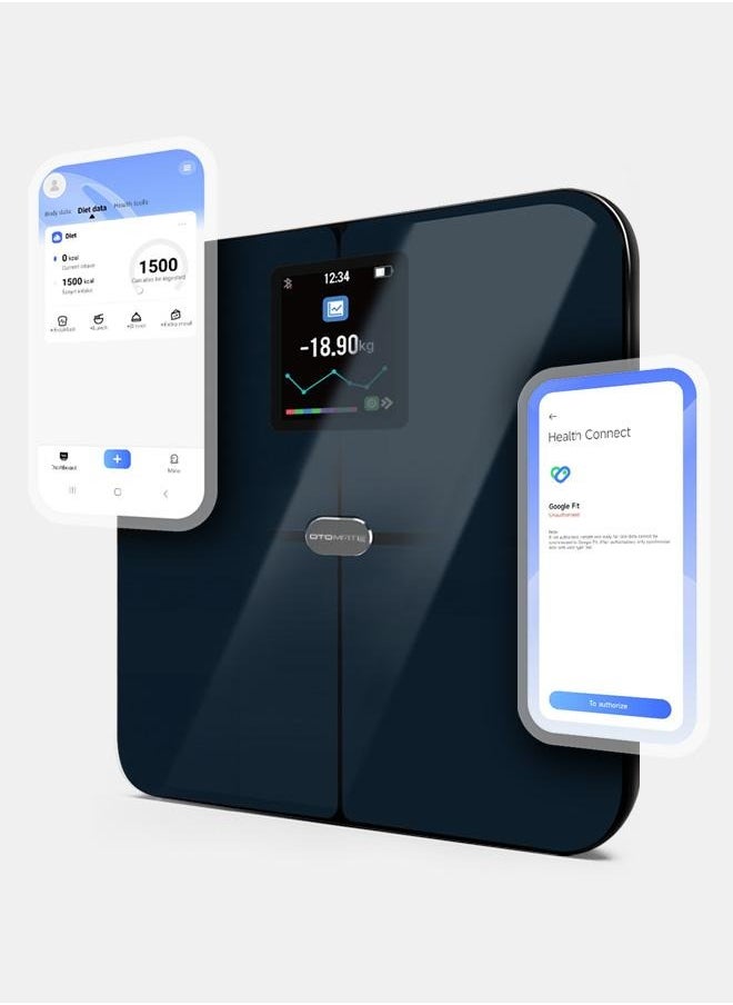 OTOMATE - Personal Smart Body Scale Upto 180Kg 0.1Kg Bluetooth Large Tft Colour Screen Accurate Weight Tracking Monitors Heart Rate Tracks Body Fat Easy App Sync Google Fit, Apple Health, Fitbit Full Body Report Automatic Profile Identification - Image 1
