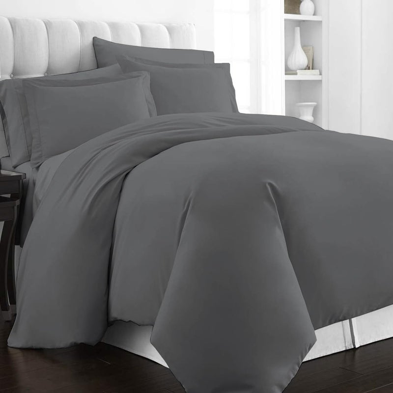 PIZUNA 100% Cotton Duvet Cover Queen Size Set 220x230 cm Dark Grey, 400 Thread Count Long Staple Cotton Sateen Weave Duvet Cover Set with 2 Pillowcases (Dark Grey Bedding Duvet Cover Sets) - Image 1