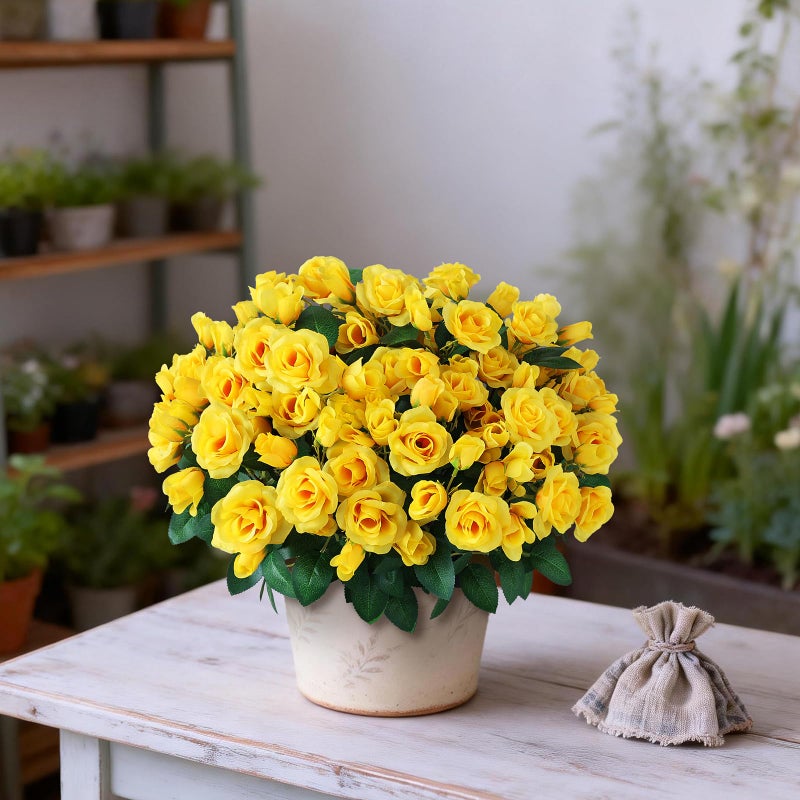 Juxdp 2 Set of Artificial Rose Topiary Trees - Faux Silk Flower Potted Plant, UV Resistant Fake Outdoor Rose Bush for Front Door, Farmhouse, Porch, Garden Decor (Yellow) - Image 3