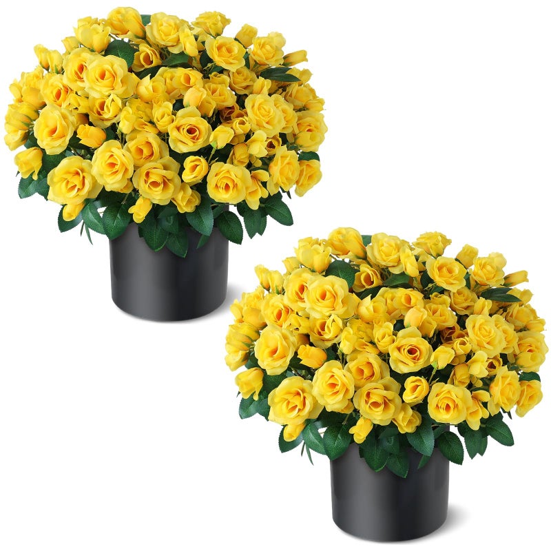 Juxdp 2 Set of Artificial Rose Topiary Trees - Faux Silk Flower Potted Plant, UV Resistant Fake Outdoor Rose Bush for Front Door, Farmhouse, Porch, Garden Decor (Yellow) - Image 1
