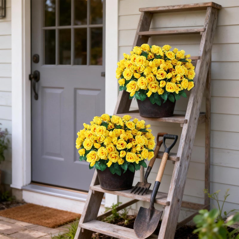 Juxdp 2 Set of Artificial Rose Topiary Trees - Faux Silk Flower Potted Plant, UV Resistant Fake Outdoor Rose Bush for Front Door, Farmhouse, Porch, Garden Decor (Yellow) - Image 4