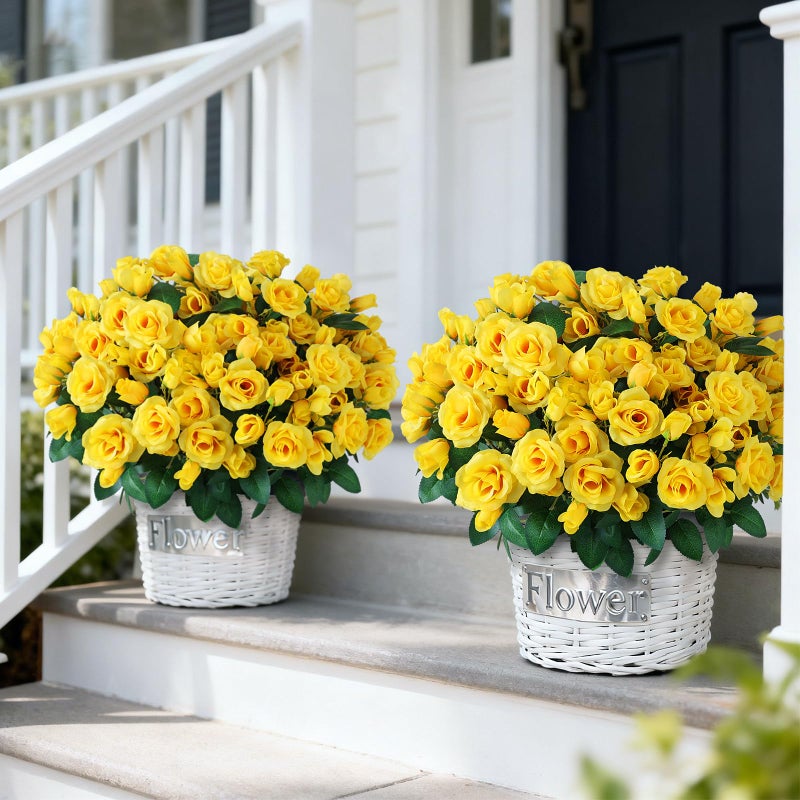 Juxdp 2 Set of Artificial Rose Topiary Trees - Faux Silk Flower Potted Plant, UV Resistant Fake Outdoor Rose Bush for Front Door, Farmhouse, Porch, Garden Decor (Yellow) - Image 2