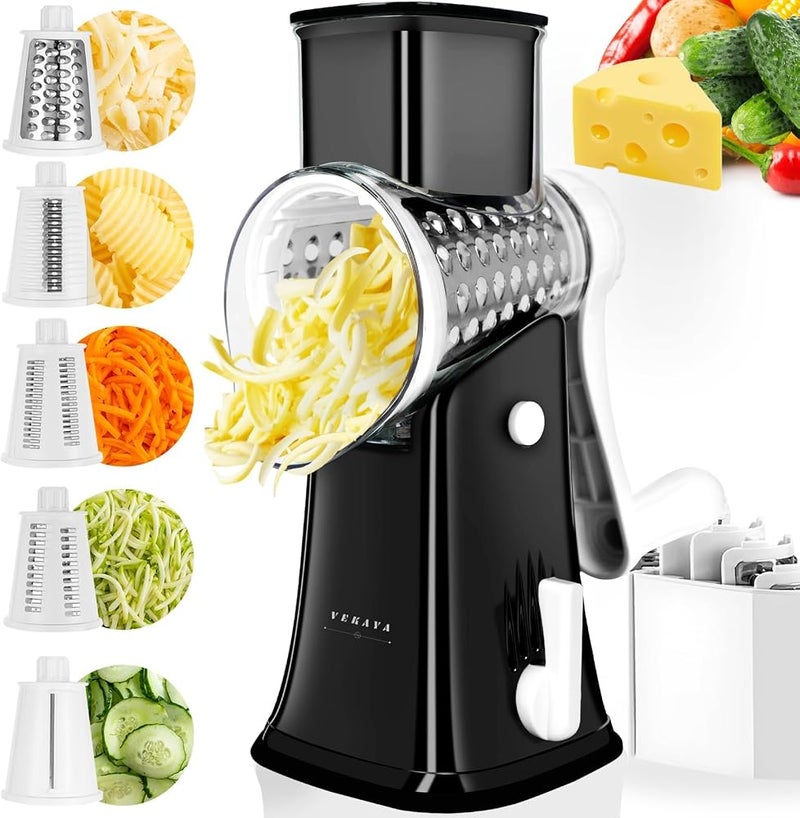 KASTWAVE Rotary Cheese Grater, 5-in-1 Stainless Steel Hand Crank Cheese Shredder, Replaceable Blades, Cheese Slicer with Storage Box, Easy to Clean Kitchen Gadget - Image 1