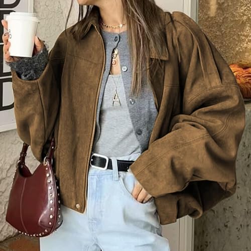 Xunger Women's Faux Suede Bomber Jacket Spring Lapel Pilot Coat Casual Oversized Long Sleeves Trendy Streetwear Outerwear(1026-Brown-L-RD) - Image 4