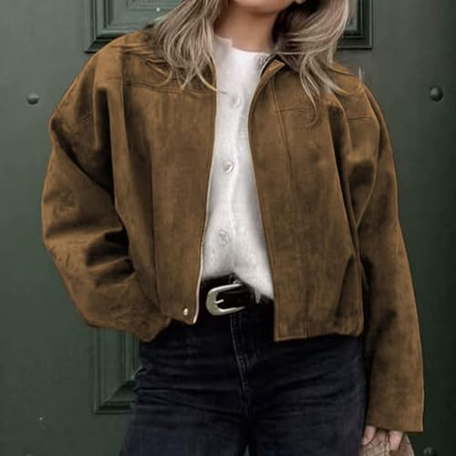 Xunger Women's Faux Suede Bomber Jacket Spring Lapel Pilot Coat Casual Oversized Long Sleeves Trendy Streetwear Outerwear(1026-Brown-L-RD) - Image 3