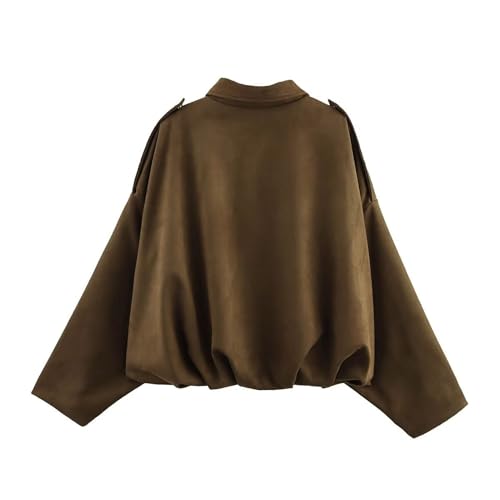 Xunger Women's Faux Suede Bomber Jacket Spring Lapel Pilot Coat Casual Oversized Long Sleeves Trendy Streetwear Outerwear(1026-Brown-L-RD) - Image 2