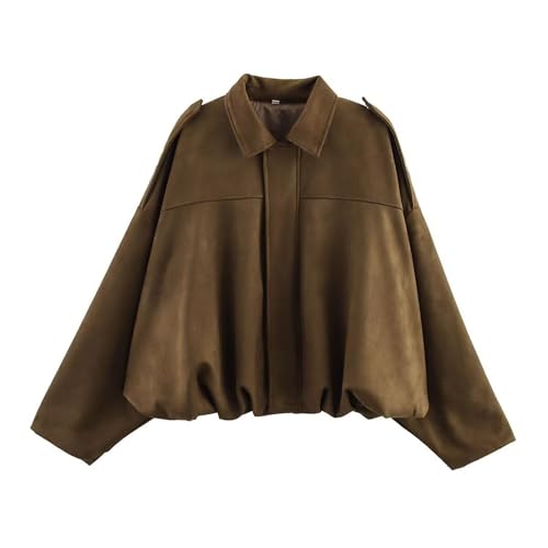 Xunger Women's Faux Suede Bomber Jacket Spring Lapel Pilot Coat Casual Oversized Long Sleeves Trendy Streetwear Outerwear(1026-Brown-L-RD) - Image 1