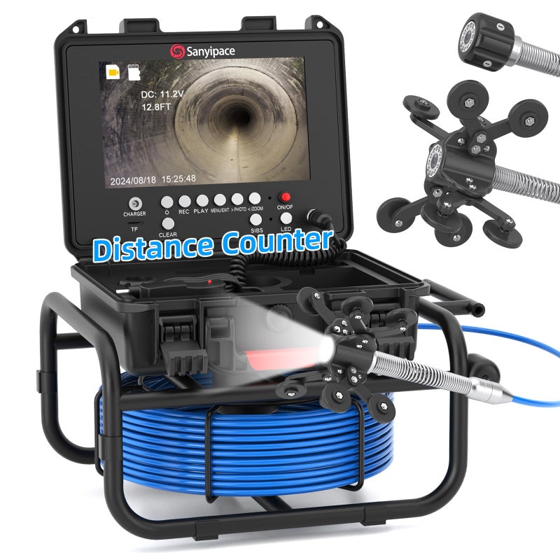 Sanyipace Drain Camera 100FT30M 23mm09in FHD Sewer Inspection Camera 5X Zoom Distance Counter 9 IPS Screen DVR Voice Recorder 16GB Card for Sewer Line Pipe Duct Plumbing Plumber Home