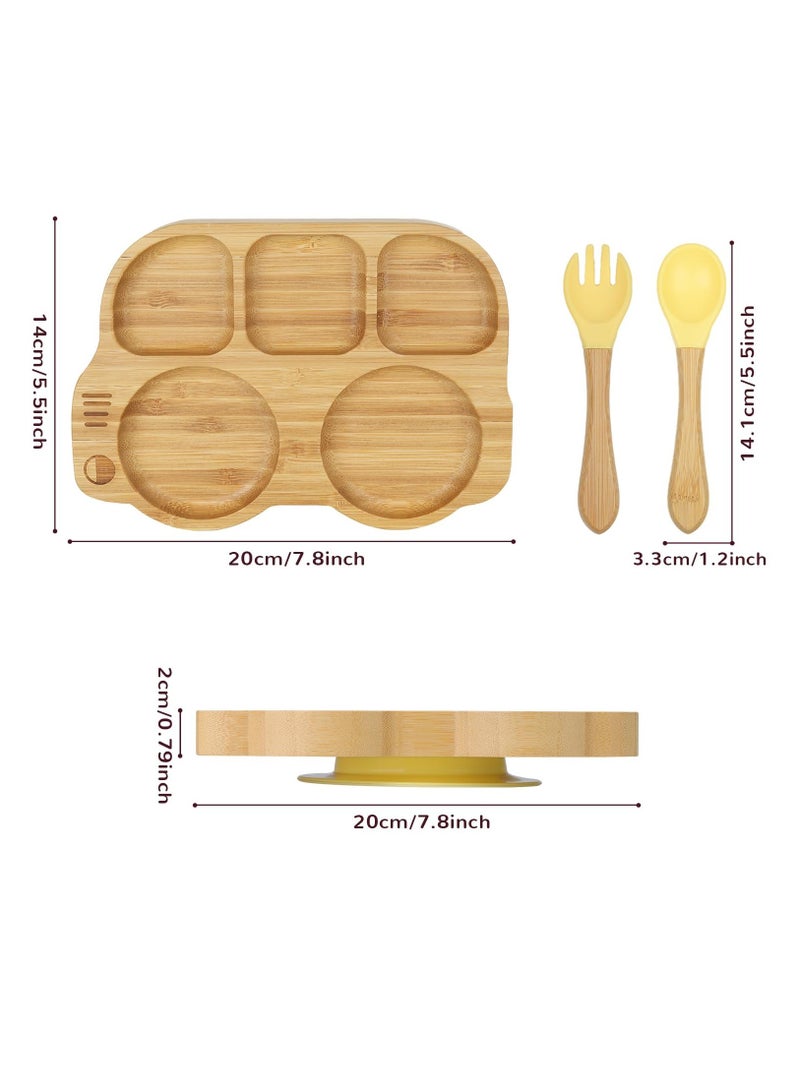 SOLARAE Toddler Bamboo Plate With Suction, Toddler Plate Set With Spoon Fork, Car Shaped Design Divided Plate, BPA FREE, Yellow - Image 2