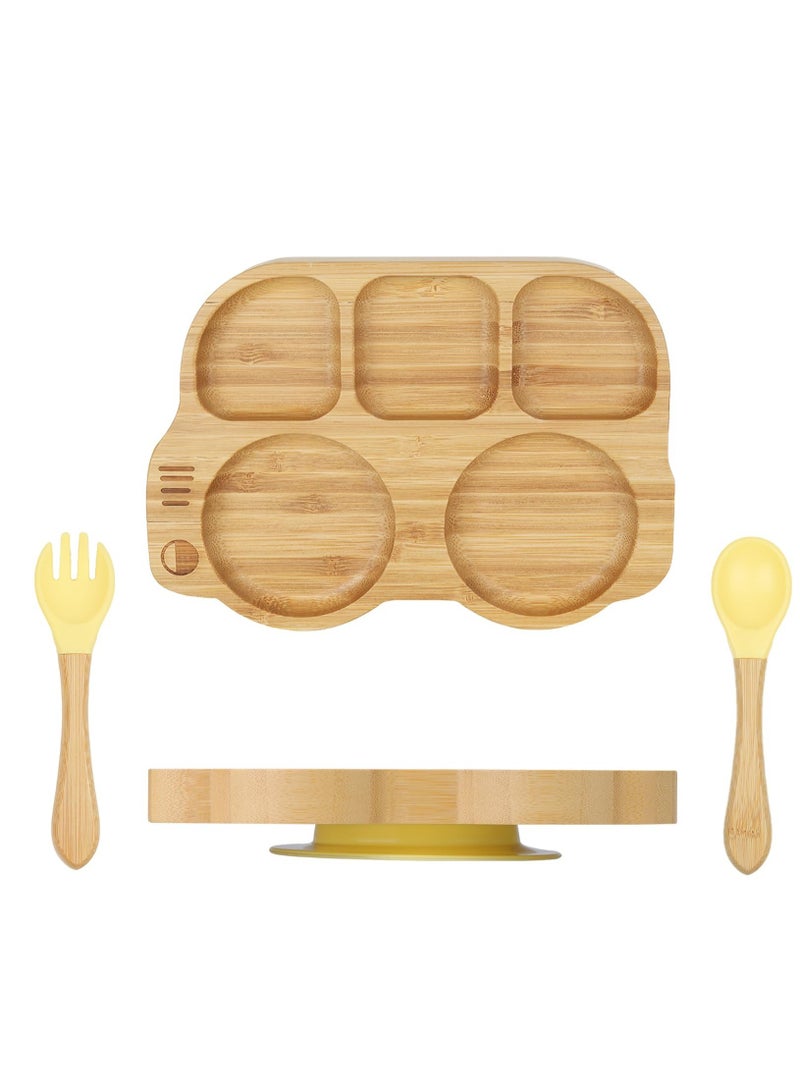 SOLARAE Toddler Bamboo Plate With Suction, Toddler Plate Set With Spoon Fork, Car Shaped Design Divided Plate, BPA FREE, Yellow - Image 1