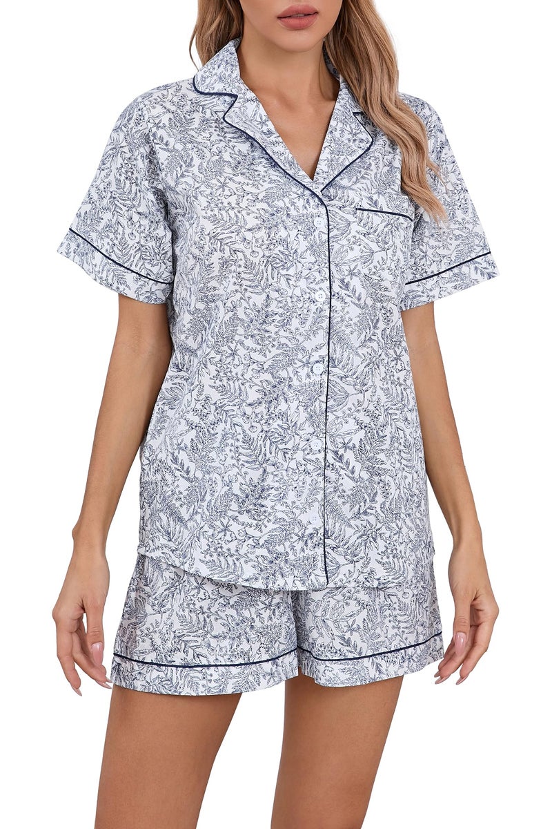 LUBOT 100% Cotton Women's Pajamas Set Button-Down Two-piece PJ Set Short Sleeve Printed Patterned Summer Sleepwear Loungewear (Sketch Leaf, M) - Image 1