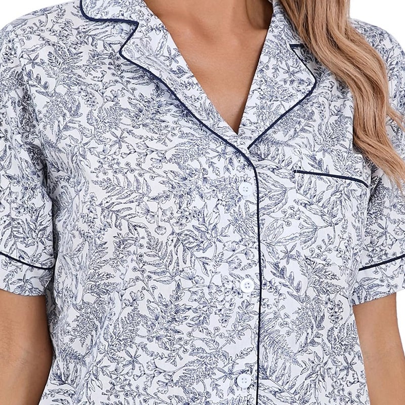 LUBOT 100% Cotton Women's Pajamas Set Button-Down Two-piece PJ Set Short Sleeve Printed Patterned Summer Sleepwear Loungewear (Sketch Leaf, M) - Image 4