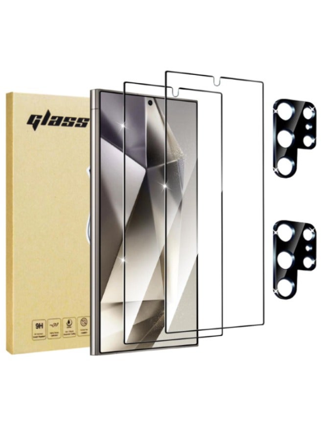 【2+2 Pack】2 PCS Samsung Galaxy S24 Ultra Screen Protector + 2PCS Camera Lens Screen Protector Set, 9H Hardness, Support Fingerprint, Ultra Thin HD Glass Film (Boxed, Included Installation Tools)