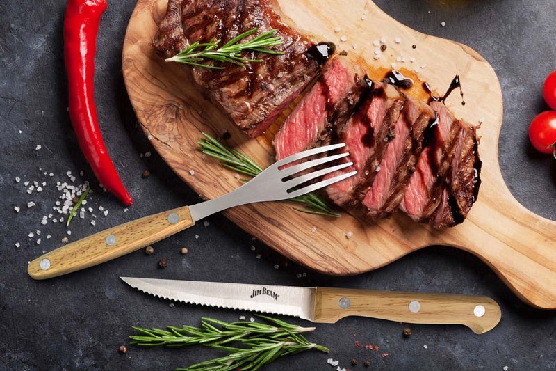 Jim Beam Set of 8 Ideal, Chicken, Pork and More-Steak Knives and Forks Made of Stainless Steel Blade and Contoure, Medium, Light Brown, JB0208 - Image 3