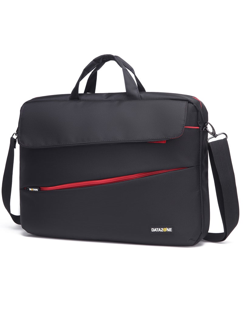 داتا زون شنطة لابتوب مقاس 15.6 بوصة لون أسود مع تفاصيل حمراء حقيبة مقاومة للماء متعددة الجيوب مع سحاب أمامي وحزام كتف مثالية للعمل والسفر - Image 1