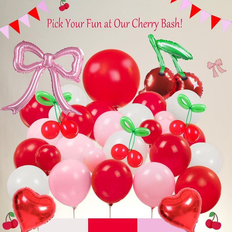 yeewaka Pink Red Cherry Balloon Garland Arch Kit Coquette Bow White Balloons for Girls Birthday Cherry on Top Berry First Summer Fruit Party Baby Shower Cherries Party Decorations - Image 3