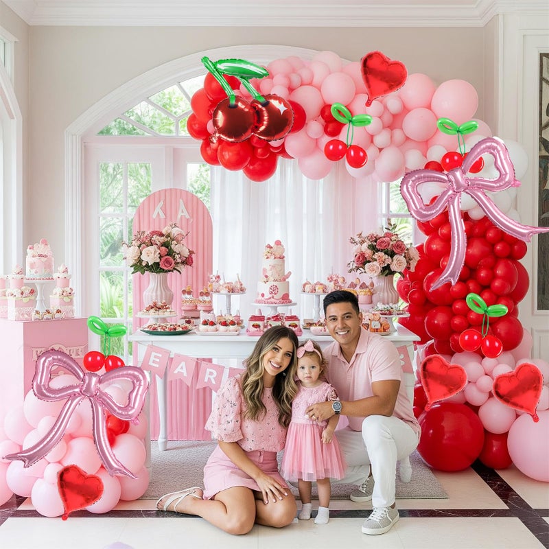 yeewaka Pink Red Cherry Balloon Garland Arch Kit Coquette Bow White Balloons for Girls Birthday Cherry on Top Berry First Summer Fruit Party Baby Shower Cherries Party Decorations - Image 2