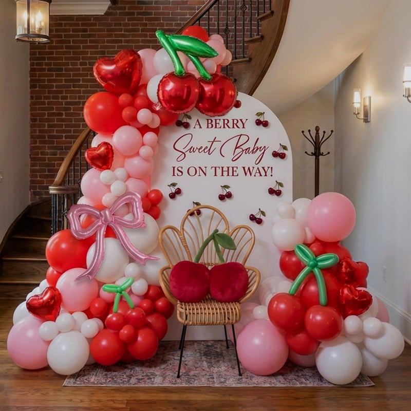 yeewaka Pink Red Cherry Balloon Garland Arch Kit Coquette Bow White Balloons for Girls Birthday Cherry on Top Berry First Summer Fruit Party Baby Shower Cherries Party Decorations - Image 1