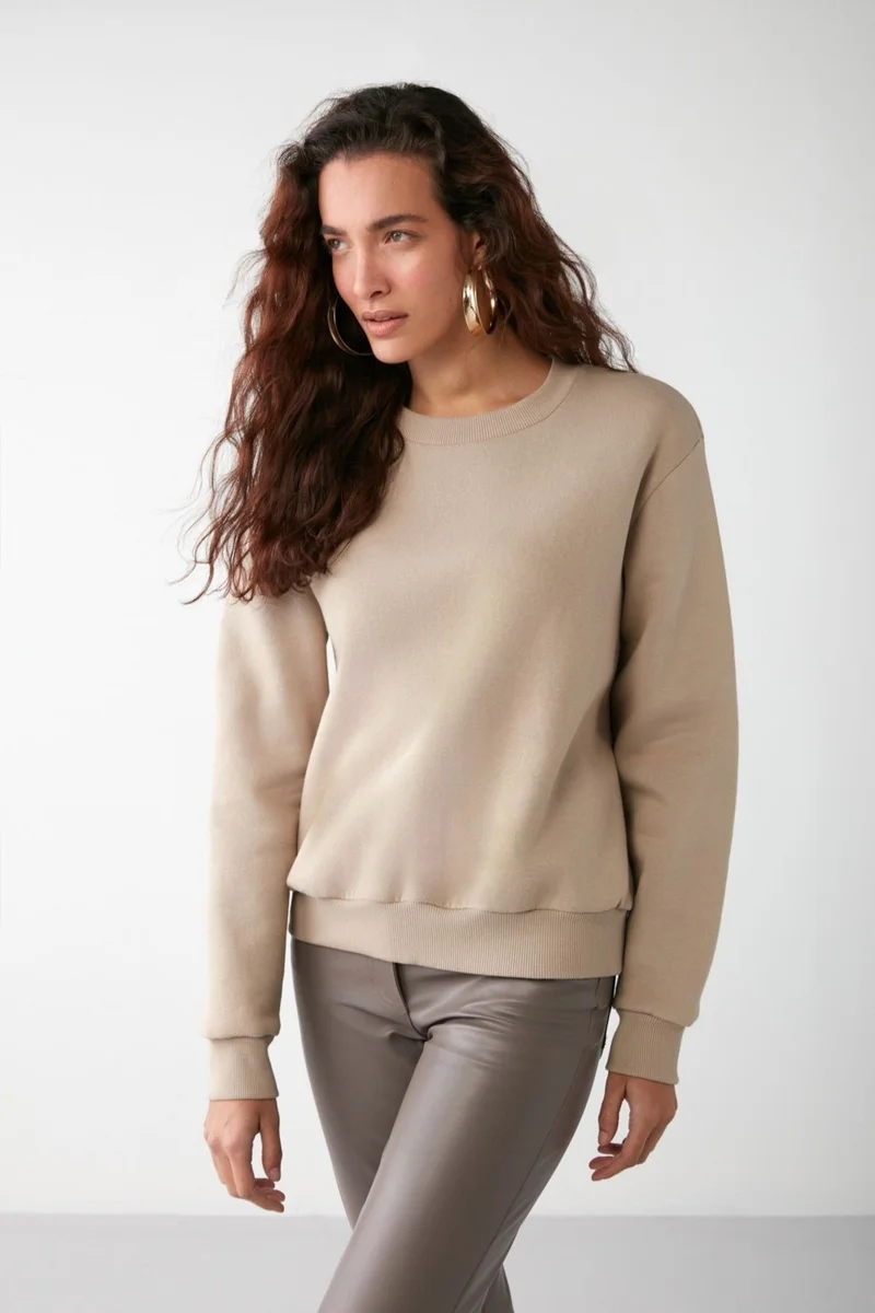 GRIMELANGE VANELTINA Women's Crew Neck Polar Fleece Oversize Fit Basic Mink Sweatshirt