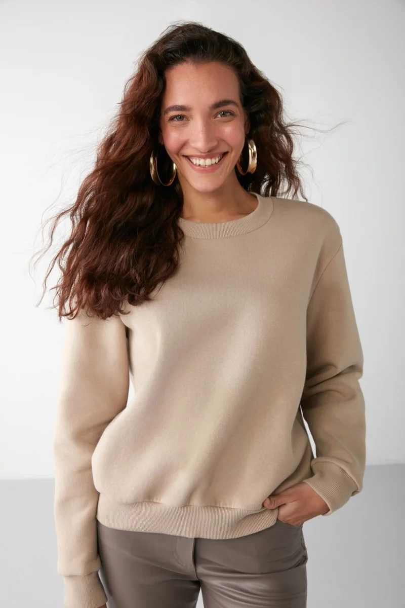 GRIMELANGE VANELTINA Women's Crew Neck Polar Fleece Oversize Fit Basic Mink Sweatshirt