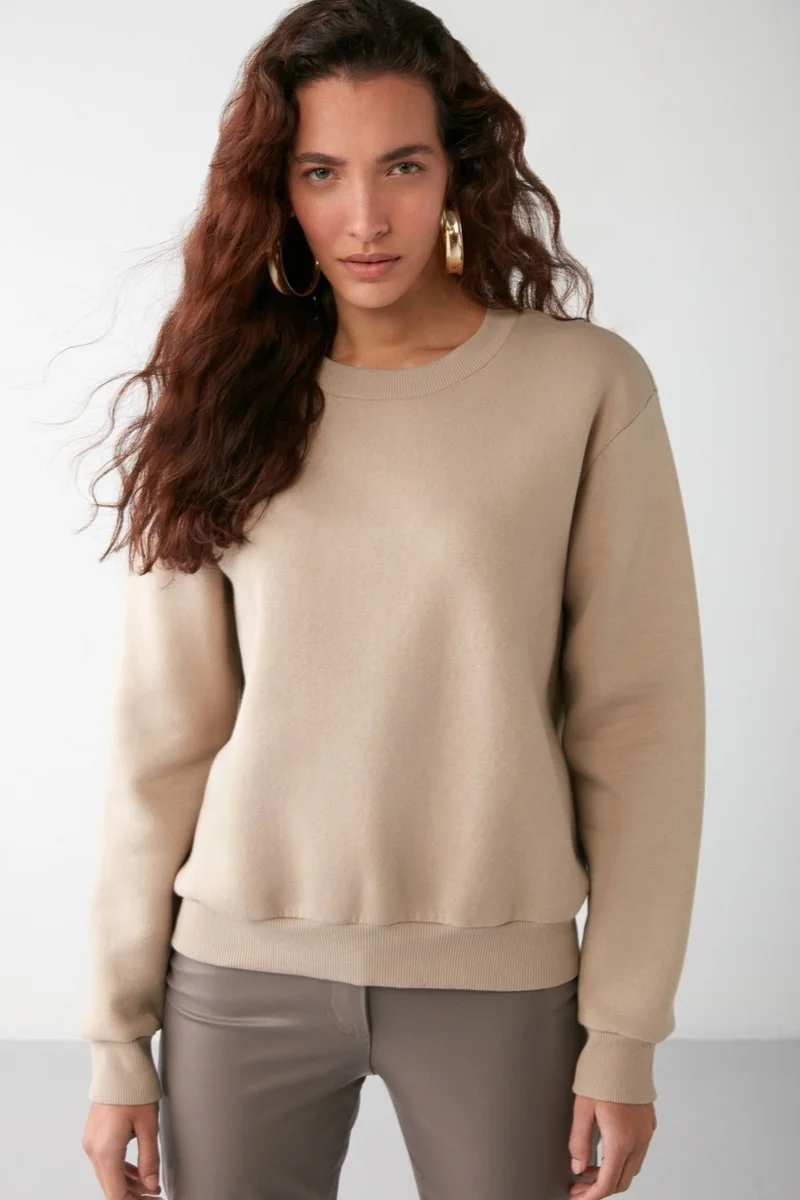 GRIMELANGE VANELTINA Women's Crew Neck Polar Fleece Oversize Fit Basic Mink Sweatshirt