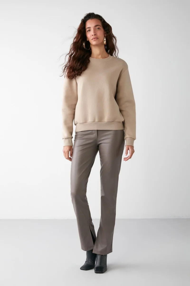 GRIMELANGE VANELTINA Women's Crew Neck Polar Fleece Oversize Fit Basic Mink Sweatshirt